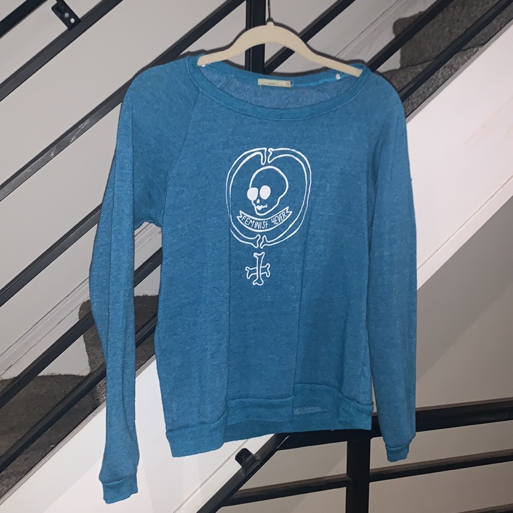 Feminist 4 eva skull graphic sweatshirt heather  turquoise blue small